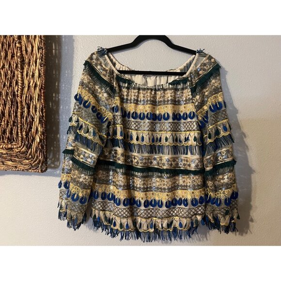 Alice + Olivia Top M Medium Off Shoulder Blue Gold Fringe Sequins - Picture 6 of 11